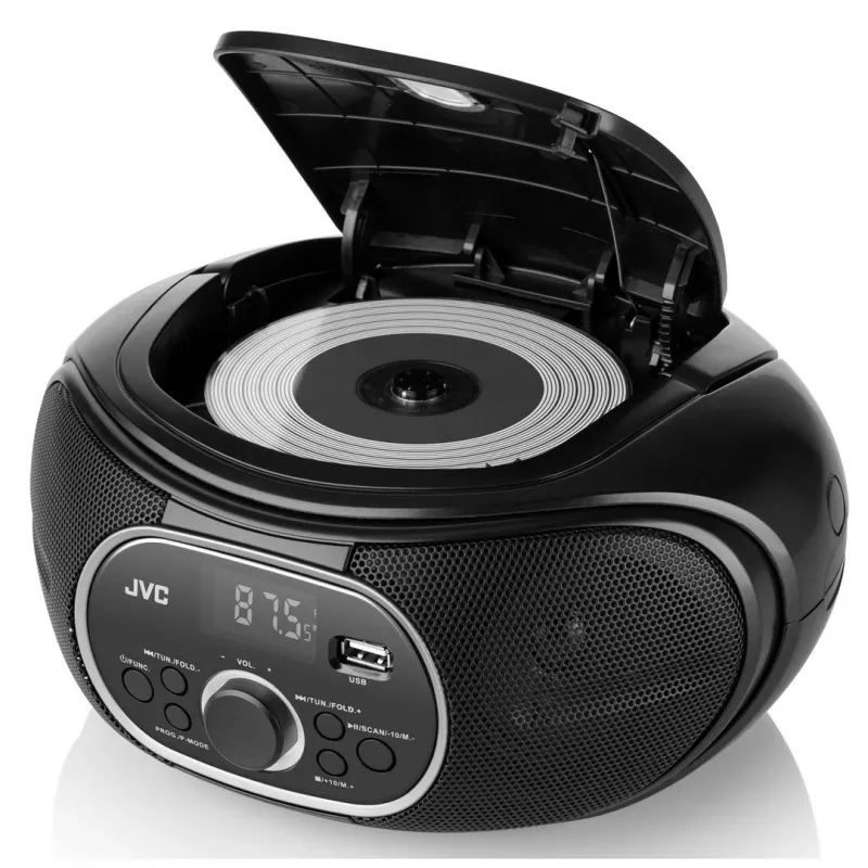 Nešiojamas CD grotuvas JVC RD‑E221B – juodas, CD/MP3, kasečių dekas, USB atkūrimas, FM radijas, AUX, baterija/tinklo maitinimas