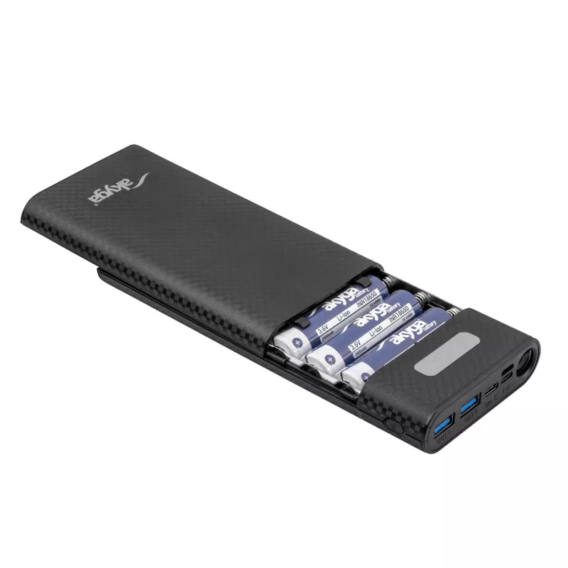 Akyga AK-BC-04 išorinės baterijos korpusas 8x 18650 Li-Ion elementams, 18 W, USB-C + 2x USB-A, LED žibintuvėlis, juodas