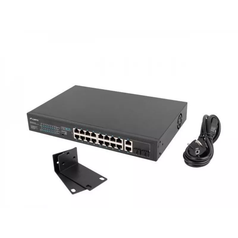 Nevaldomas jungiklis LANBERG RSFE-16P-2C-250 — 18 prievadų Gigabit, 16x PoE+ (30W), 2x SFP, 250W, 1U, metalinis, montuojamas į stelažą