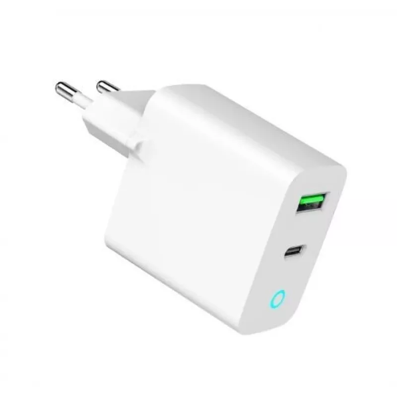 Sieninis įkroviklis GEMBIRD, Universalus, 1× USB Type-C 20W, 1× USB-A 3.0 QC 18W, LED indikatorius, Baltas
