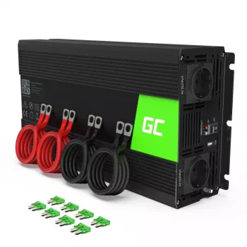 Automobilinis keitiklis Green Cell INV15 3000W, 12V DC į 230V AC, USB prievadas, aktyvus aušinimas, juodas