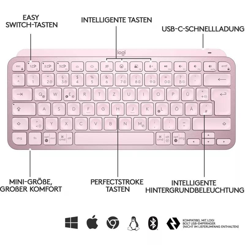 Logitech MX Keys Mini minimalistinė belaidė apšviesta klaviatūra - Rožinė - CENTRAL (DE)
