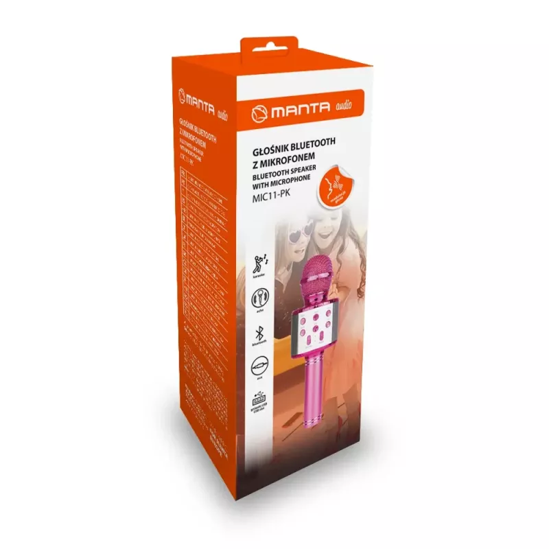 Mikrofonas MANTA MIC11-PK rožinis – belaidis Bluetooth 5.0, įmontuotas 5W garsiakalbis, karaoke
