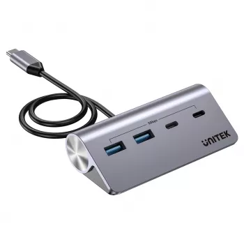 USB šakotuvas Unitek H1337AGY01 – 4 prievadai (2×USB-C, 2×USB-A), iki 5 Gbps, aliuminis, sidabrinis