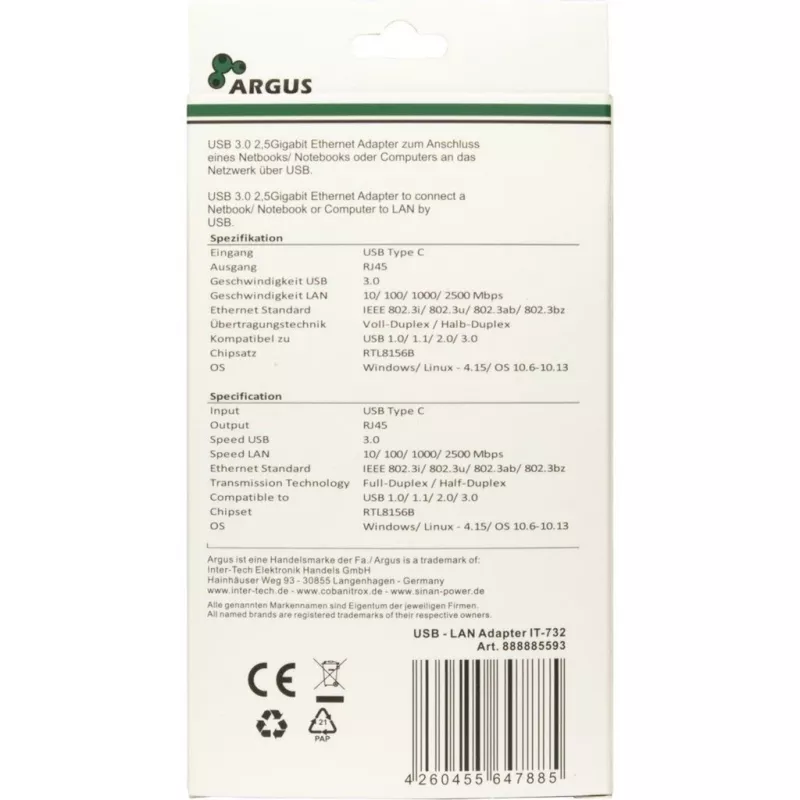 Ethernet adapterius Inter-Tech IT-732 2500 Mbit/s USB Type-C laidinis