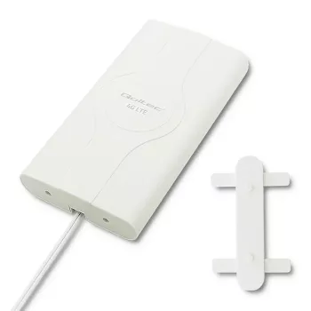 Omni-kryptinė antena QOLTEC 57013, 0,6–2,7 GHz, 30 dBi, vertikali poliarizacija, 50 Ω, baltas ABS korpusas