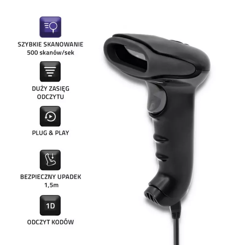 Rankinis brūkšninių kodų skaitytuvas QOLTEC 50866 – 1D lazerinis, USB laidinis, 600 mm diapazonas, juodas, 161,5×88×77 mm