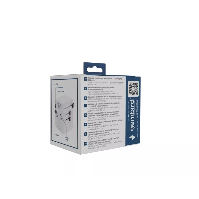 Kelioninis maitinimo adapteris GEMBIRD TPA-1A2C20-01-W — 20 W, USB-A (18 W) + 2× USB-C (20 W), E tipo kištukas, baltas