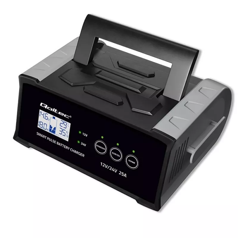 Įkroviklis QOLTEC 52514 – 12V/24V, 25A, AGM/GEL/SLA baterijoms su LCD ekranu