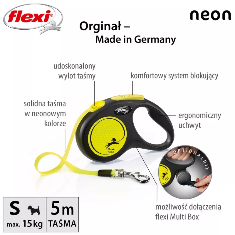 Flexi New NEON atsitraukiamas pavadėlis 5 m - juostinis, mažiems šunims iki 15 kg, juoda/geltona