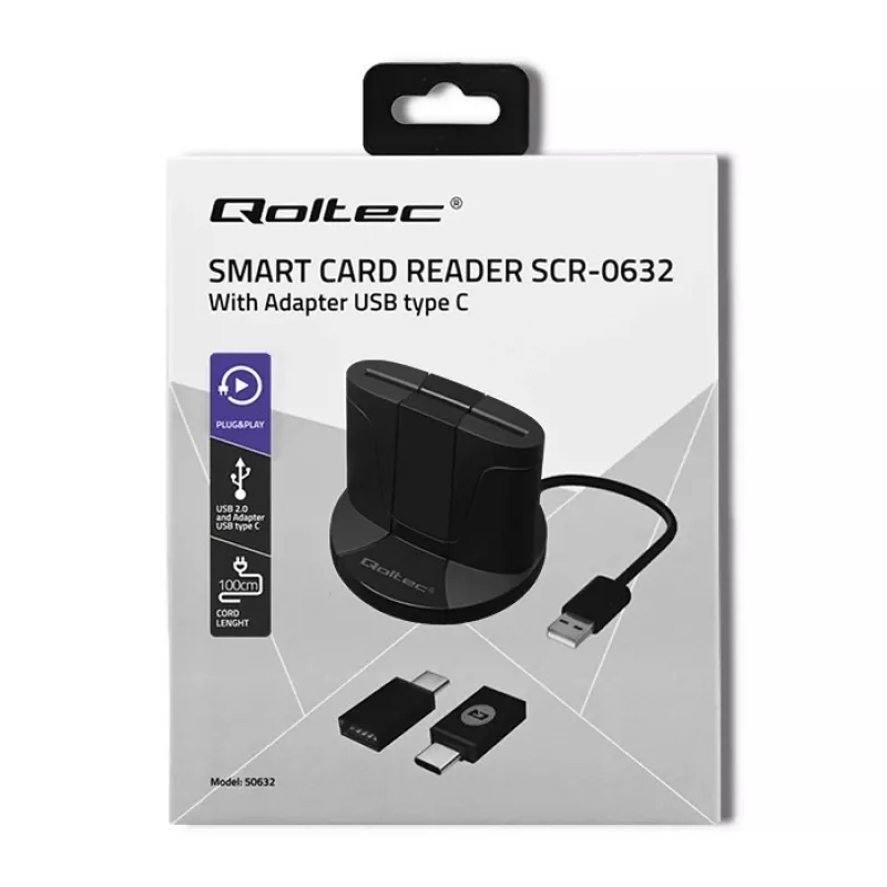 Qoltec 50632 USB 2.0 juodas kortelių skaitytuvas su 1 m laidu
