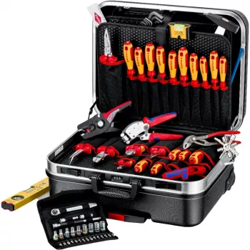 Mechaniko įrankių rinkinys Knipex 00 21 06 – 68 įrankiai, su adatinėmis ir vandentiekio replėmis, raudonai geltoni įrankiai, juodas dėklas (515×438×265 mm)