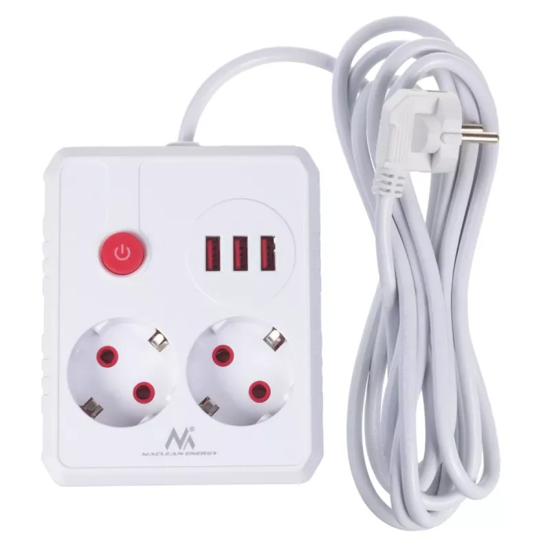 Maitinimo blokas MACLEAN MCE388 W — 2 kištukiniai lizdai, 3×USB, 110–240V, 2500W, 3 m laidas, baltas