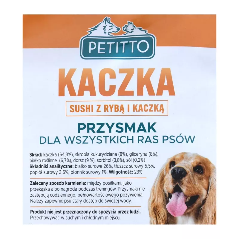 Šunų skanėstai PETITTO Sushi su žuvimi ir antiena 500 g – minkšti hipoalerginiai dresūros skanėstai, baltymų 26%, drėgmės 23%