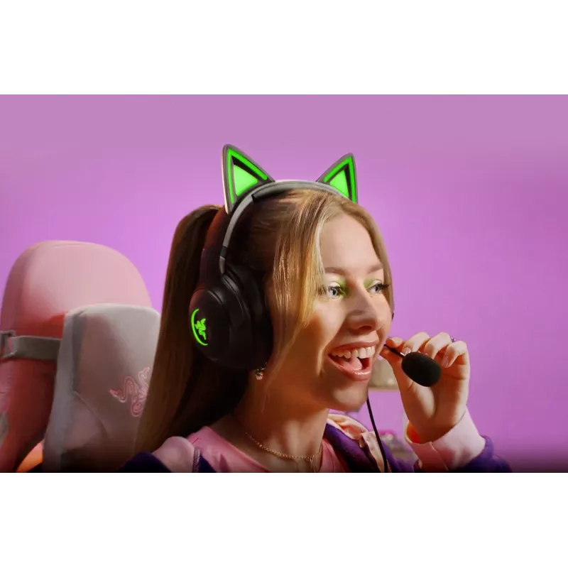 Ausinės žaidimams Razer Kraken Kitty V2 - Juodos, su kačių auselėmis ir RGB apšvietimu