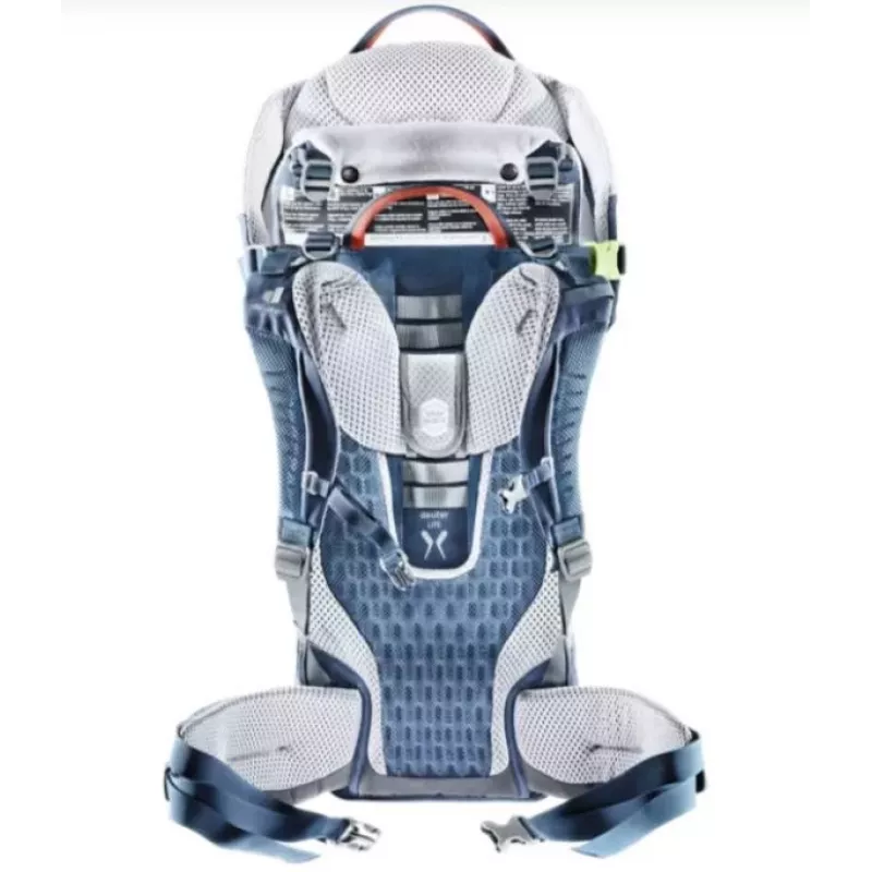 Kūdikio nešimo kuprinė DEUTER Kid Comfort Active – mėlyna, poliamidas, iki 22 kg, saulės stogelis, kojų atrama, VariQuick, Lite Air