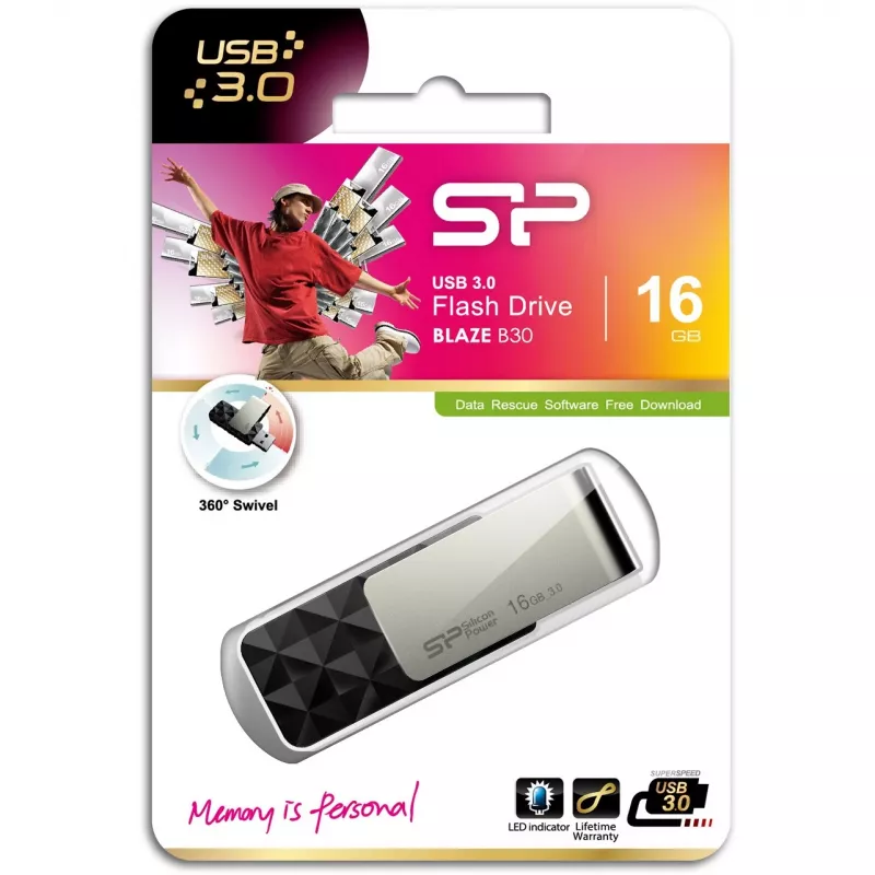 Silicon Power Blaze B30 SP016GBUF3B30V1K USB raktas, 16 GB, USB 3.0, juodas