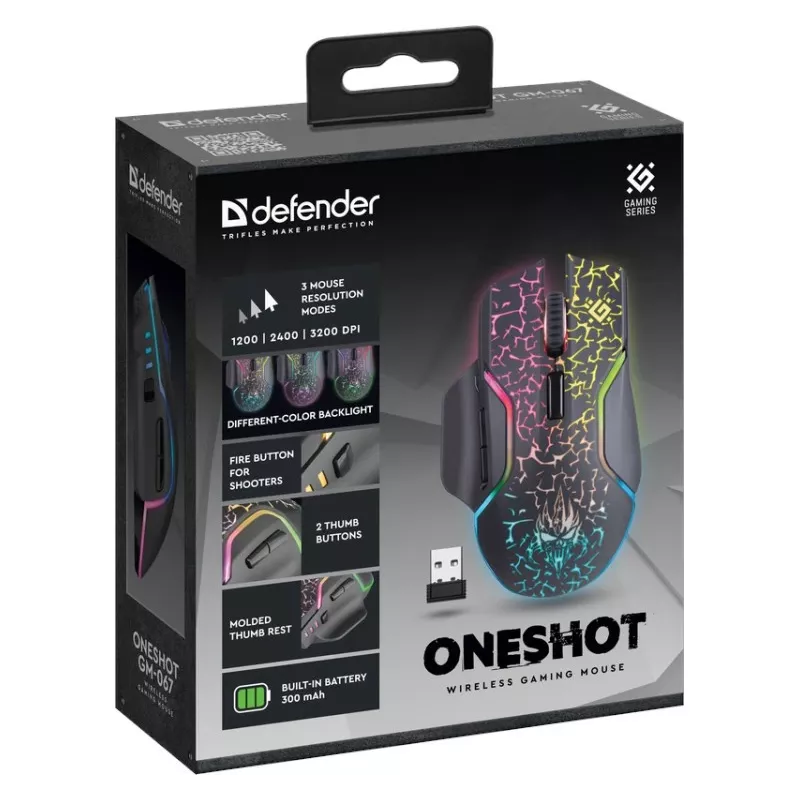 Defender Oneshot GM-067 žaidimų pelė, dešinei rankai, belaidė RF + USB