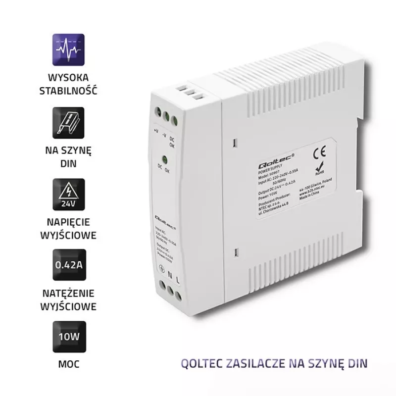 DIN bėgio maitinimo šaltinis 10W, 24V, 0,42A, plonas