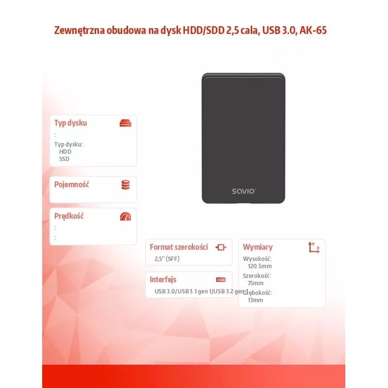 Išorinis HDD/SSD dėklas SAVIO AK-65 Juodas 2,5 colio SATA USB 3.0 5 Gbit/s Micro-USB