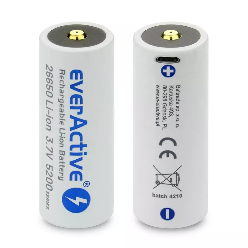 Įkraunama baterija everActive EV26650-52M 3,7V 5200mAh su Micro USB įkrovimu