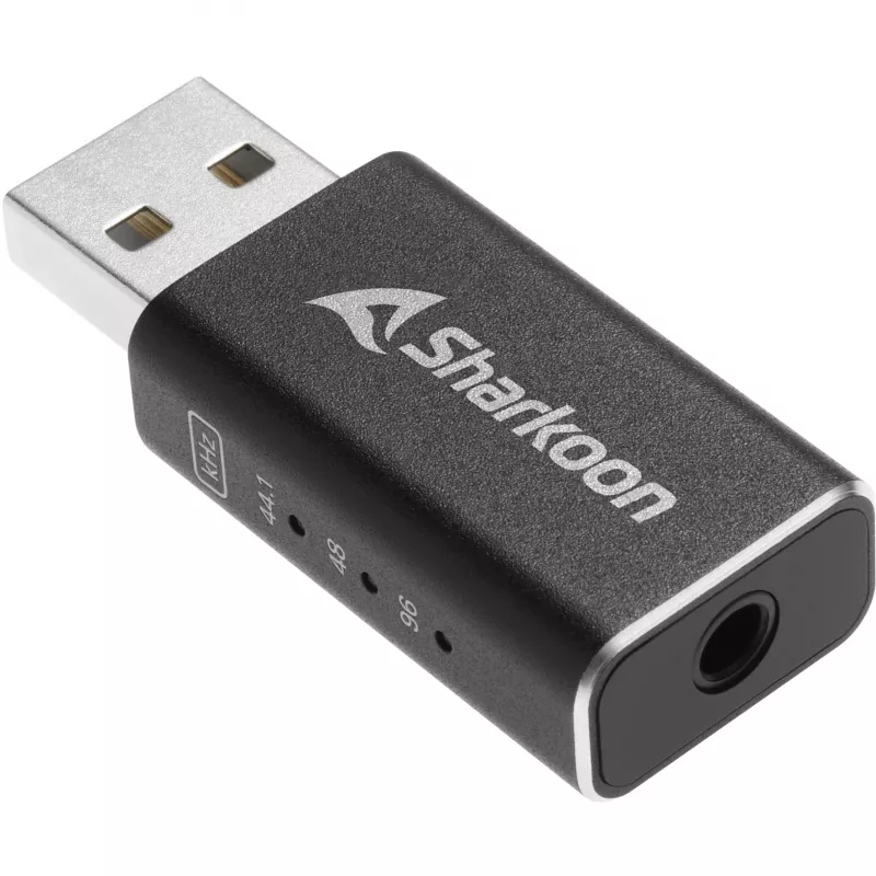 Vidinis USB Type-A į 3,5 mm DAC adapteris Sharkoon DAC Pro S — 2 V išėjimas, juodas, kompaktiškas (42×17,3×9,7 mm)