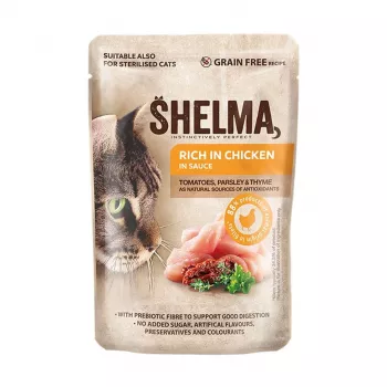 Šlapias kačių ėdalas SHELMA Rich in chicken padaže 85 g – pilnavertis suaugusių kačių ėdalas