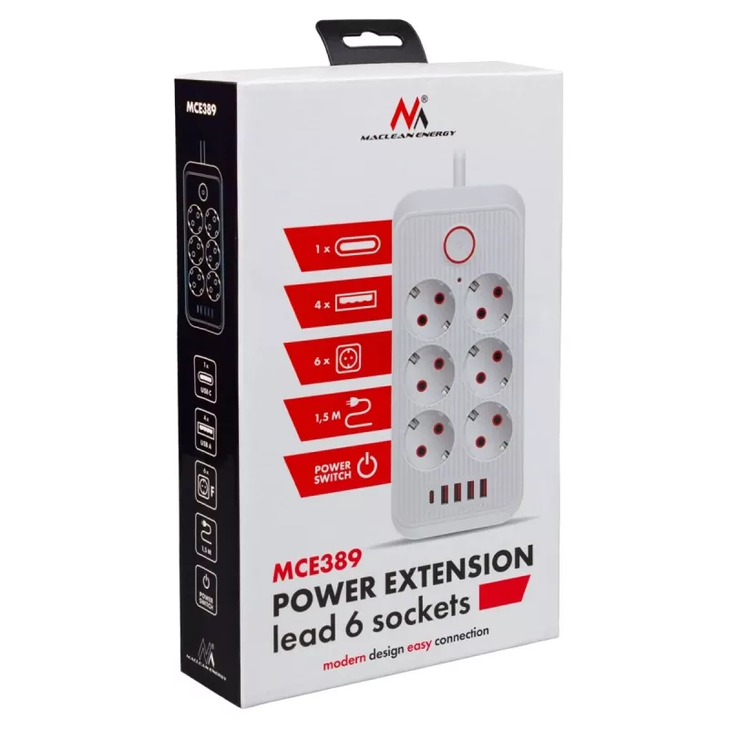 Maitinimo blokas MACLEAN MCE389 W – 6 kištukinių lizdų, 4×USB-A, 1×USB-C, 2500W, 110–240V, 1,5 m laidas, baltas