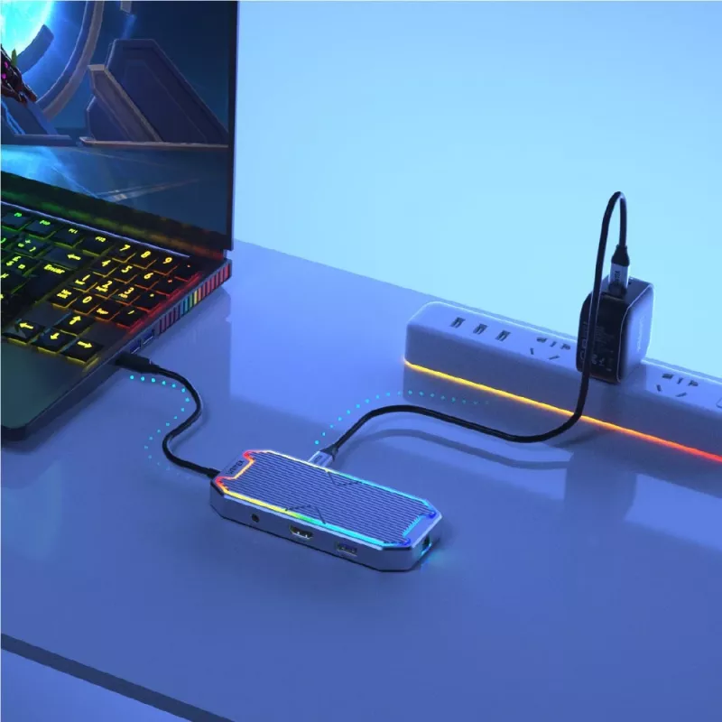 Unitek uHUB S7+ D1029A USB-C šakotuvas, USB 3.2 Gen 2 10 Gbps, HDMI 2.0, Gigabit RJ45, 3,5 mm garso lizdas, 100 W, pilkas
