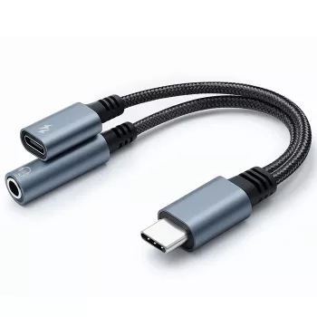 Adapteris 2v1 USB-C į USB-C ir 3,5 mm lizdą PD 15W