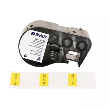 Brady M4-91-427-YL savaiminio laminavimo vinilo etiketė, geltona/skaidri, 25,40 x 12,70(38,10) mm, nuolatinis lipnumas, kabeliams 4,00–8,10 mm (180 vnt.) (170746)