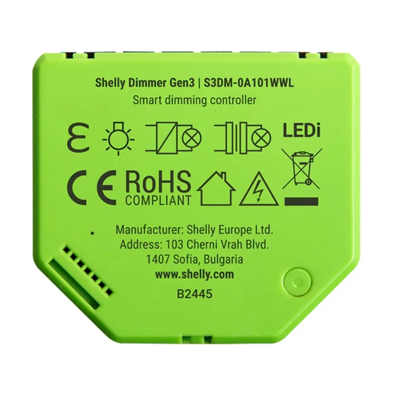 Įmontuojamas reguliatorius Shelly Dimmer Gen3 — LED iki 150 W, halogenas iki 200 W, 220–240 V, belaidis, juoda/žalia