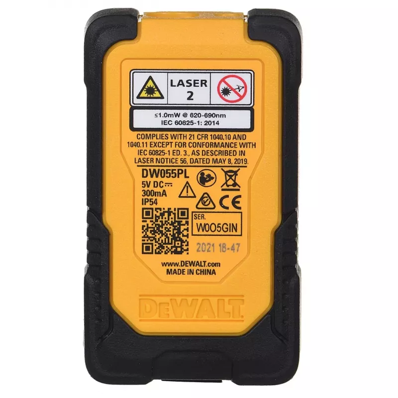 Lazerinis atstumo matuoklis DeWalt DW055PL-XJ, diapazonas 0–16 m, tikslumas ±6 mm, įkraunama baterija 3,7 V, USB laidas