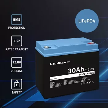 Įkraunama LiFePO4 baterija QOLTEC 12.8V 30Ah 384Wh su BMS