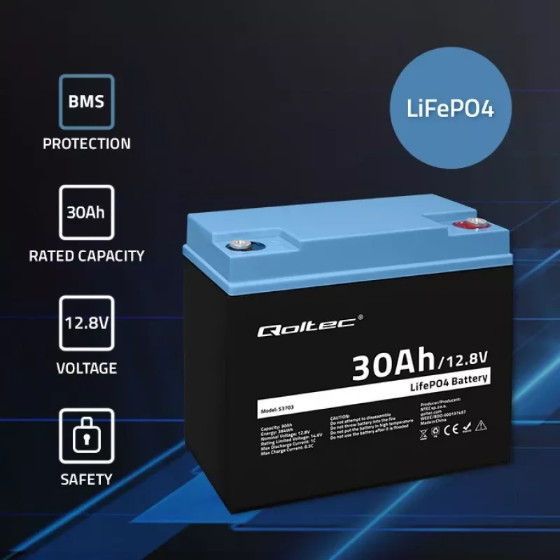 Įkraunama LiFePO4 baterija QOLTEC 12.8V 30Ah 384Wh su BMS