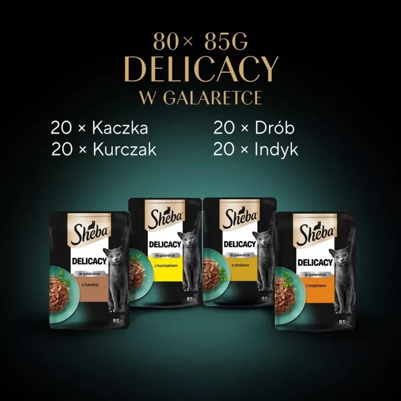 Šlapias kačių ėdalas Sheba Chicken Duck Turkey 85 g pakelis (80 × 85 g) suaugusioms katėms, drėgnumas 86 %