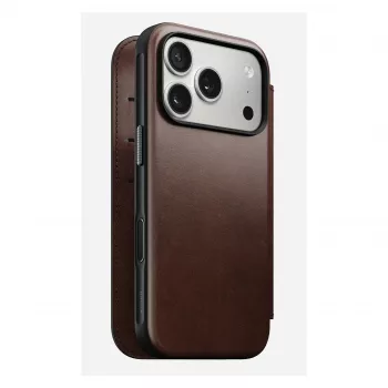 Mobiliojo telefono dėklas Nomad Modern Leather Folio, skirtas iPhone 17 Pro, oda/aliuminis, 16 cm (6,3 colio), rudas, 4 kortelių kišenės