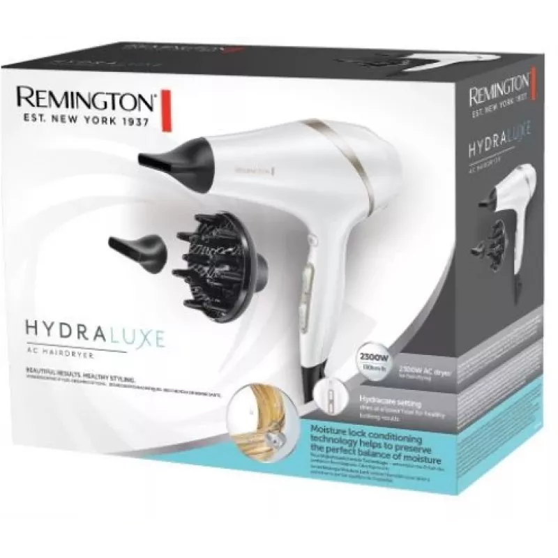 Plaukų džiovintuvas Remington AC8901 HYDRAlux 2300 W, 3 temperatūros nustatymai, jonų funkcija, difuzorius, baltas