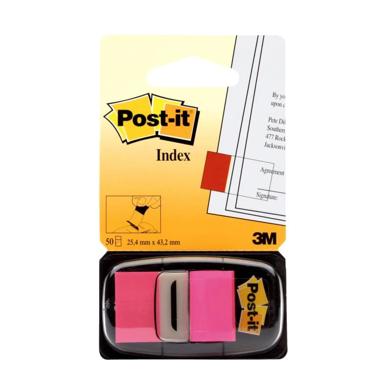 3M Post-it Index Pink, siauros, 50 lipnių juostelių, 25,4 x 43,2 mm, vienkartiniame dozatoriuje (I680-21)