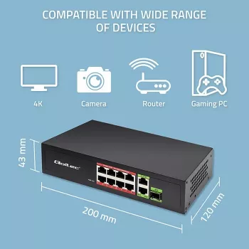 Ethernet Switch QOLTEC 52297 PoE RJ45 su PoE Uplink ir SFP prievadu