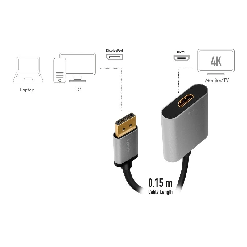LogiLink CDA0108 vaizdo kabelio adapteris 0,15 m DisplayPort → HDMI pilka/juoda