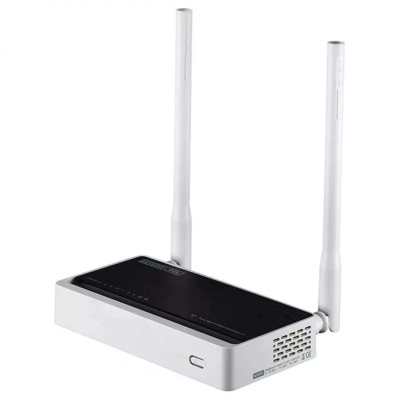 Stalinis maršrutizatorius TOTOLINK N300RT — vienos juostos 2.4 GHz Wi‑Fi 4, 300 Mbps, 5x RJ-45 Fast Ethernet prievadai, 2 išorinės 5 dBi antenos