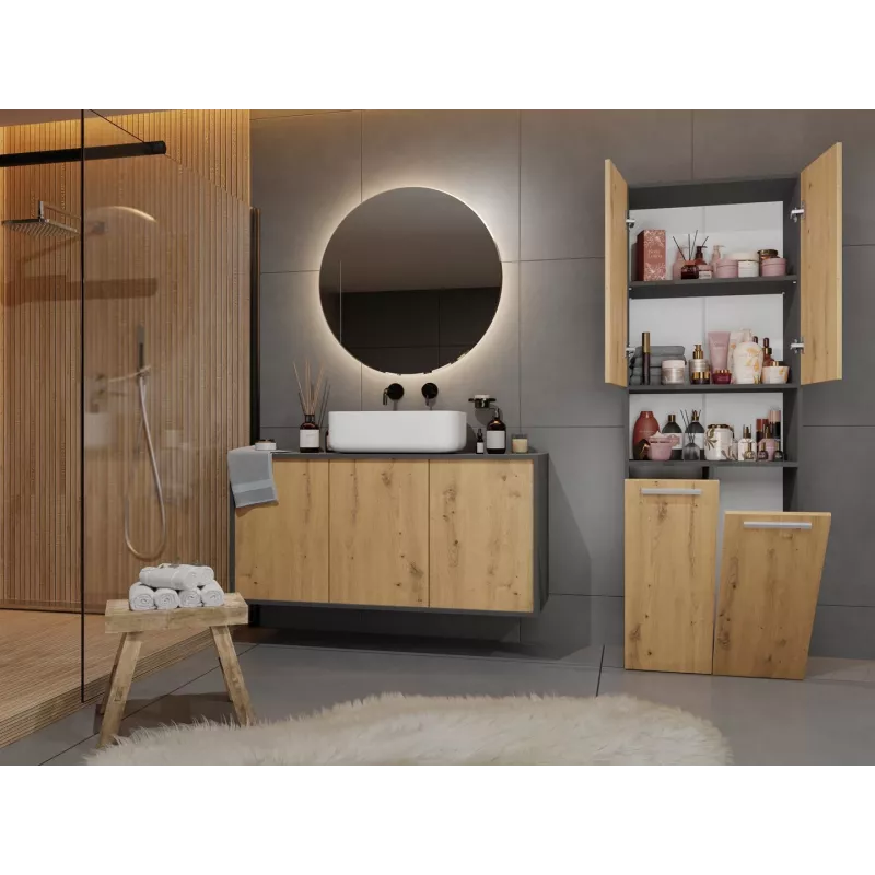 Vonios spintelė Top e Shop NEL 2K DK ANT/ART KP Graphite/Oak, laisvai pastatoma, 600×300×1740 mm, 3 lentynos