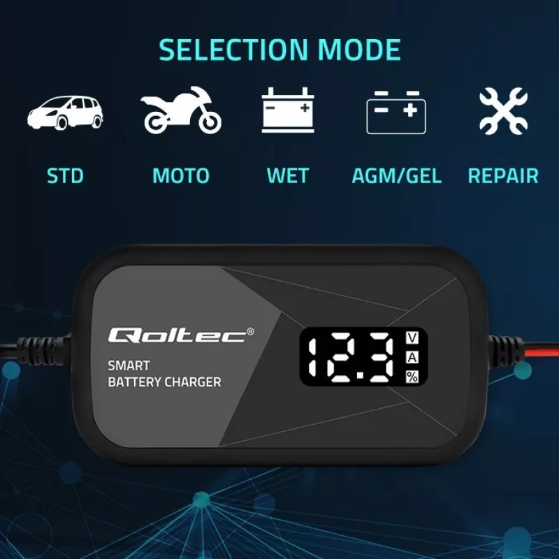 Baterijų įkroviklis QOLTEC 52492 12V 2A su mikroprocesoriniu valdymu ir elementų regeneracija