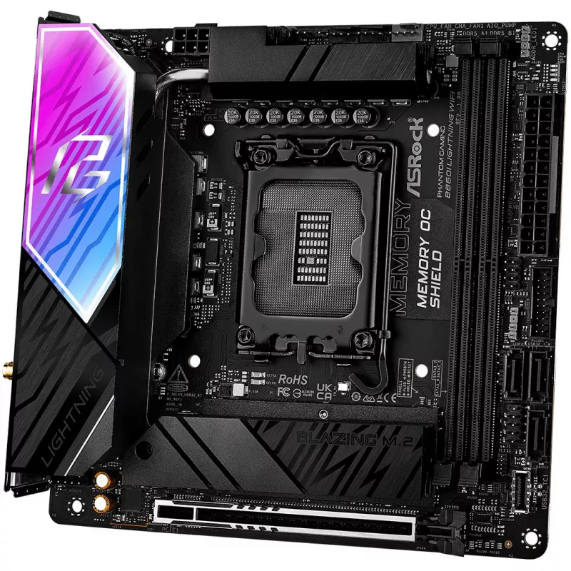 Pagrindinė plokštė ASROCK B860I Lightning WiFi – Intel B860, LGA 1851, Mini-ITX, DDR5, 2x DIMM, 4x M.2, 2.5Gb LAN, Wi‑Fi 6E, Bluetooth 5.3