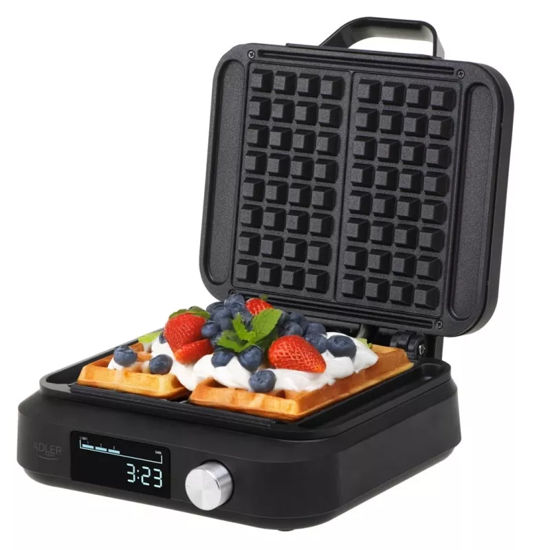 Vaflinė Adler AD 3087 – belgiška elektrinė vaflinė, 2200 W, 2 stačiakampės plokštės 9×17 cm, juoda