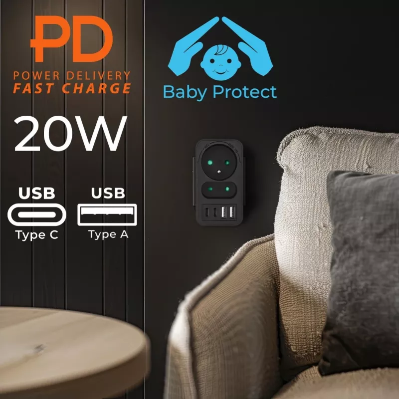 Maitinimo daliklis MACLEAN MCE249 F/B – 2 AC lizdai (16A + 6A) su 2×USB-A ir 2×USB-C PD 20W, EU kištukas, juodas