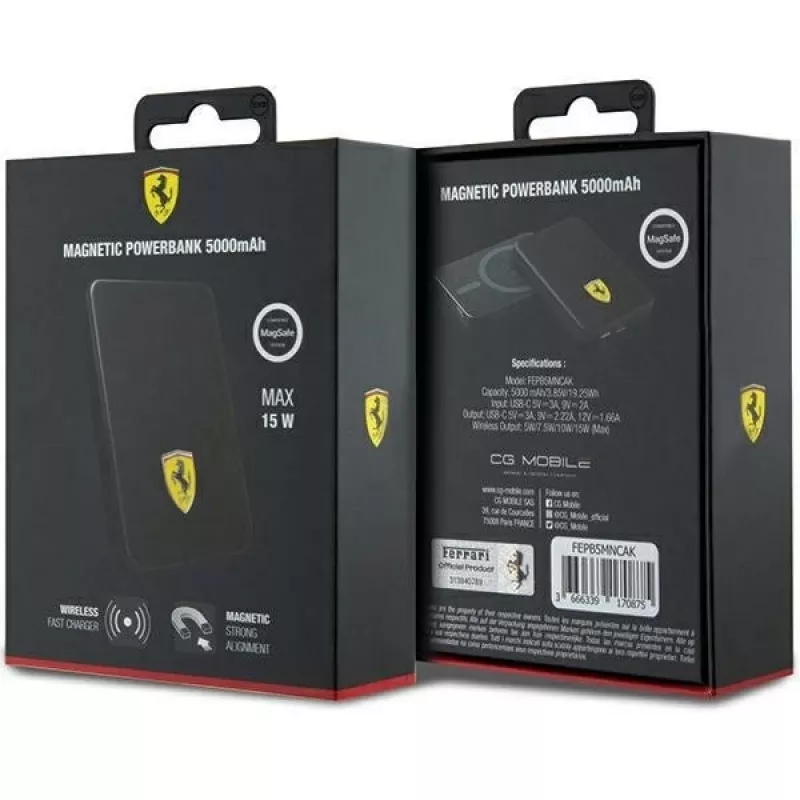 Ferrari Powerbank FEPB5MNCAK 15W 5000mAh Juoda/juoda Metalinis Logotipas MagSafe