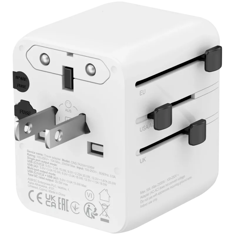 CANYON Travel Adapter OnTour 20 EU/UK/US/AUS 20W Baltas