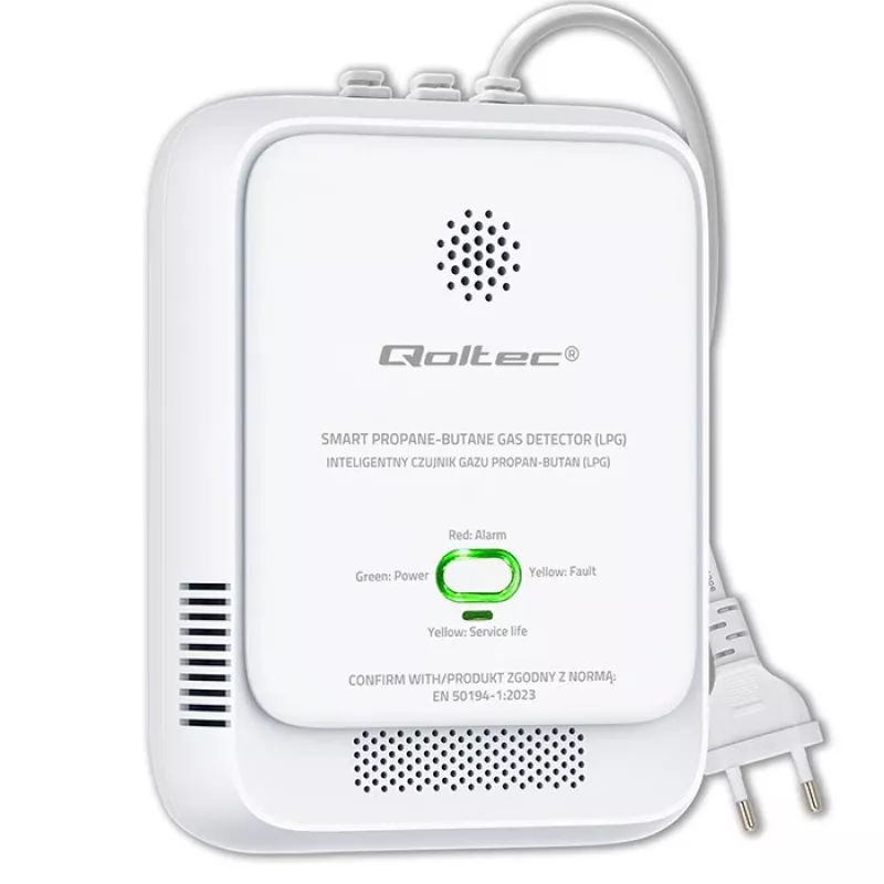 Dujų nuotėkio detektorius QOLTEC 52652 – propano/butano (LPG) jutiklis, 85 dB signalas, LED indikatorius
